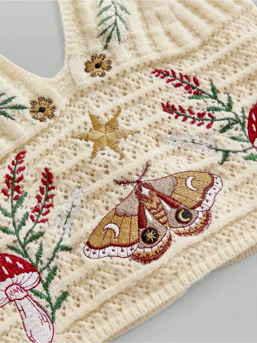 Cream Fairycore Embroidered Crochet Halter Crop Top w/Mushroom & Vine Design M - Picture 9 of 10